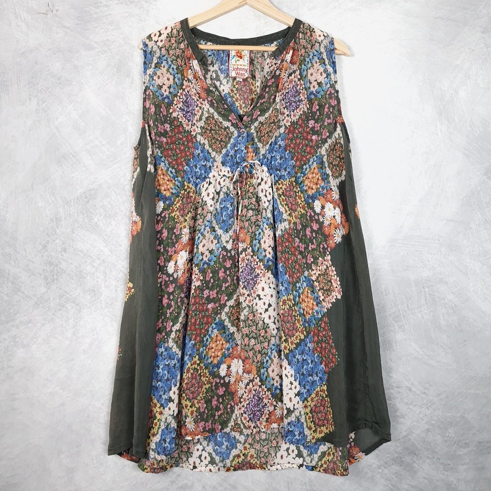 Johnny Was Tunic Top Womens Medium Floral Sleeveless V Neck Sheer Swing Boho